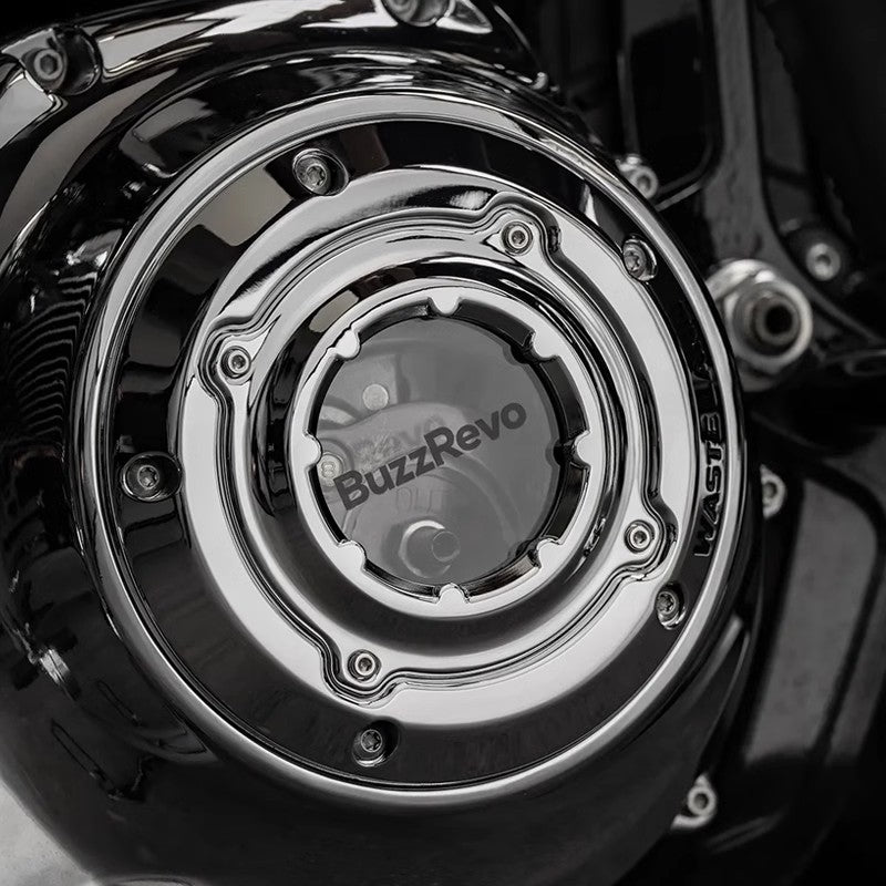 BuzzRevo Harley clutch cover. Motorcycle modified transparent clutch cover for M8 engine. Softail. Touring.