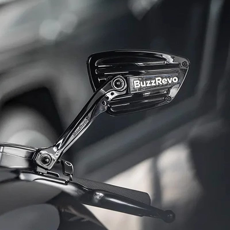 BuzzRevo Harley modified rearview mirror. For Road Glide, Glide, Road King and Fat Boy. Blackened and chromium-plated reflective rearview mirror.