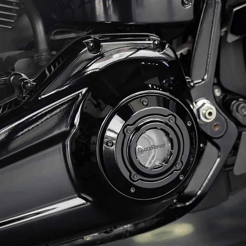 BuzzRevo Harley clutch cover. Motorcycle modified transparent clutch cover for M8 engine. Softail. Touring.