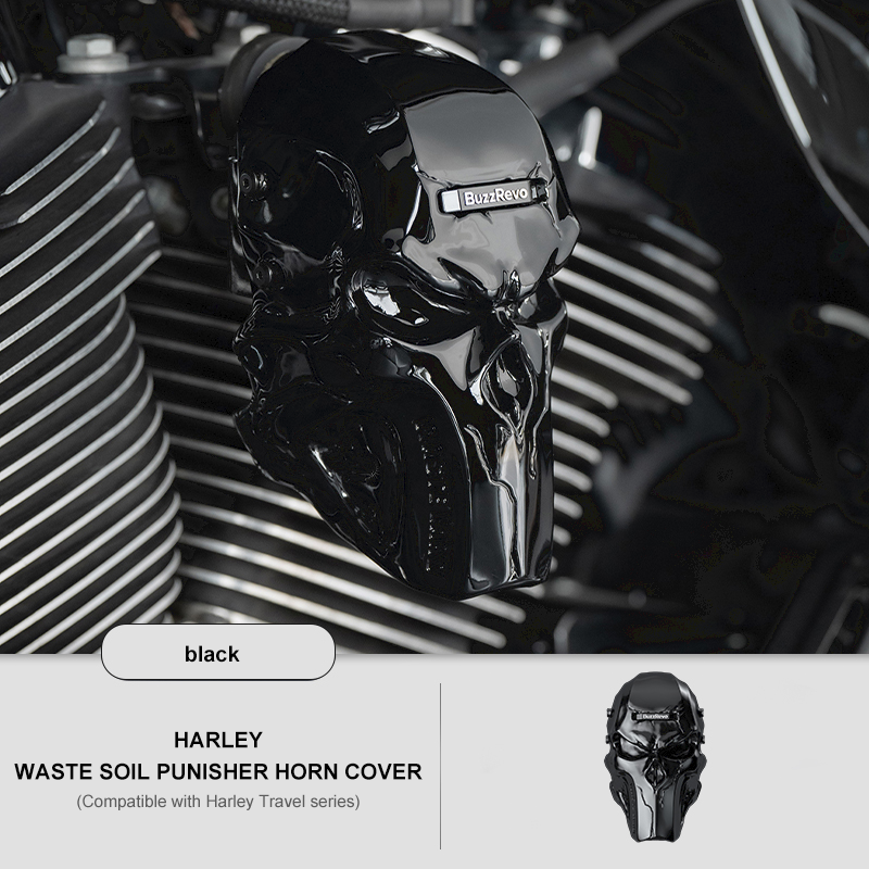 BuzzRevo Harley horn cover. For Glide ST CVO and Road King. Modified chrome-plated horn decoration cover with skull.