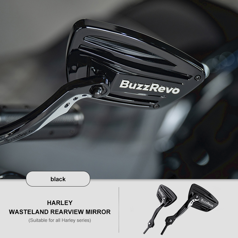 BuzzRevo Harley modified rearview mirror. For Road Glide, Glide, Road King and Fat Boy. Blackened and chromium-plated reflective rearview mirror.