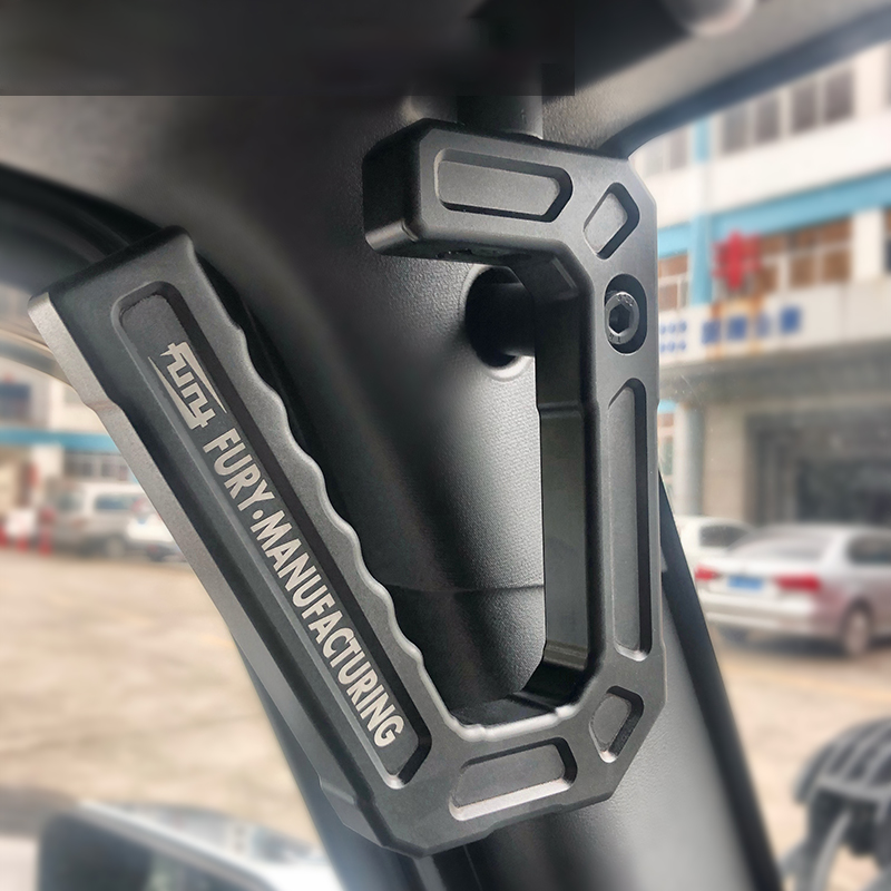 FURY mechanical handle on the A-pillar for Jeep Wrangler modification. Suitable for 2007-2017 JK models. Interior alloy on-board handrail accessory.