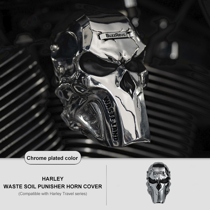 BuzzRevo Harley horn cover. For Glide ST CVO and Road King. Modified chrome-plated horn decoration cover with skull.