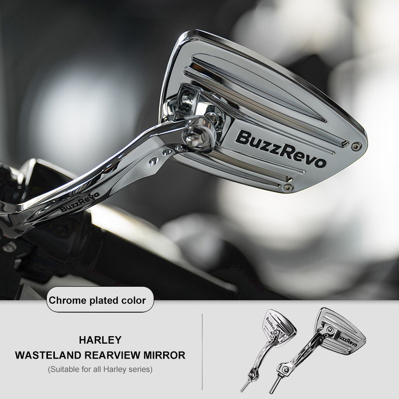 BuzzRevo Harley modified rearview mirror. For Road Glide, Glide, Road King and Fat Boy. Blackened and chromium-plated reflective rearview mirror.