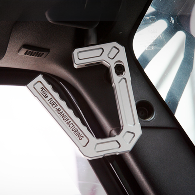 FURY mechanical handle on the A-pillar for Jeep Wrangler modification. Suitable for 2007-2017 JK models. Interior alloy on-board handrail accessory.