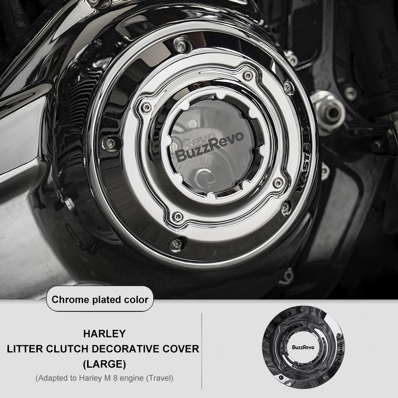 BuzzRevo Harley clutch cover. Motorcycle modified transparent clutch cover for M8 engine. Softail. Touring.